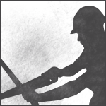 Person sawing wood with dust